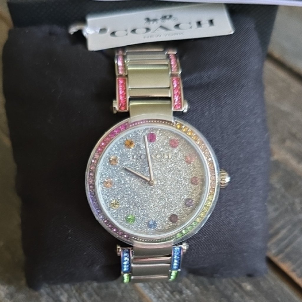 Coach Silver Watch With Sparkling Face And Metallic Band